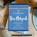 Bar Mitzvah Modern Blue Silver Tallit Bold Script  Invitation<br><div class="desc">Be proud, rejoice and showcase this milestone of your favourite Bar Mitzvah! Send out this cool, unique, modern, personalised invitation for an event to remember. Bold, white script typography, Star of David and a navy blue and silver glitter striped tallit inspired graphic overlay a simple, cornflower blue background. Personalise the...</div>