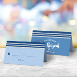 Bar Mitzvah Modern Blue Silver Tallit Bold Script Place Card<br><div class="desc">No Bar Mitzvah party is complete without personalised place cards. Let your favourite Bar Mitzvah be proud, rejoice and celebrate his milestone at his perfectly coordinated party. Bold, navy blue typography and a navy blue and faux silver glitter striped tallit inspired graphic overlay a simple, light cornflower blue background. On...</div>