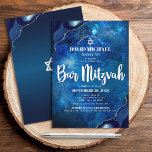Bar Mitzvah Modern Blue Watercolor Agate Script In Invitation<br><div class="desc">Be proud, rejoice and showcase this milestone of your favourite Bar Mitzvah! Send out this cool, unique, modern, personalised invitation for an event to remember. White script typography and Star of David overlay a deep blue galaxy watercolor background with steel blue agate accented with faux silver veins. Personalise the custom...</div>