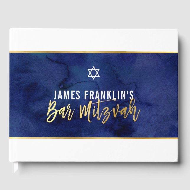 BAR MITZVAH modern blue watercolor gold writing Guest Book (Front)