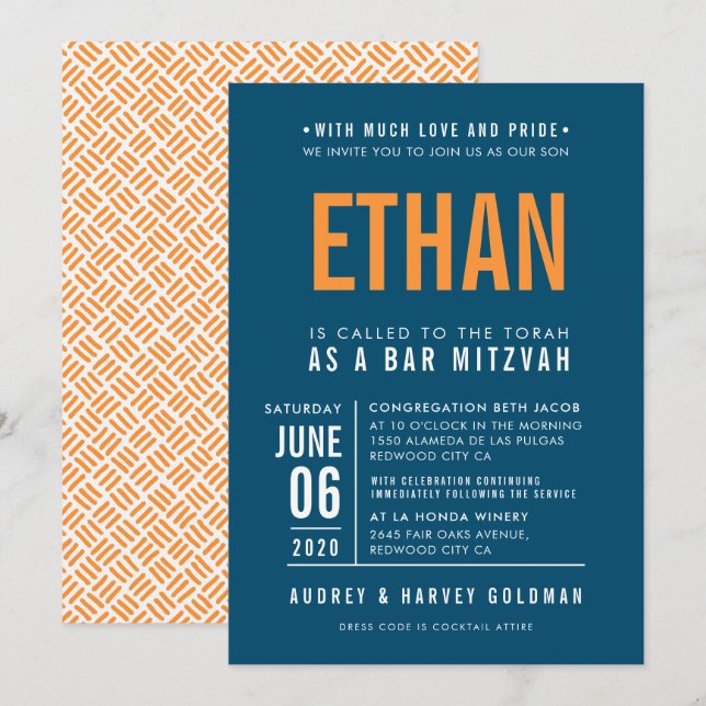 BAR MITZVAH modern bold block dark blue orange Invitation (Front/Back)