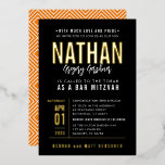 BAR MITZVAH modern bold block type black orange<br><div class="desc">by kat massard >>> WWW.SIMPLYSWEETPAPERIE.COM <<< - - - - - - - - - - - - With real shiny gold foil elements! CONTACT ME to help with balancing your type perfectly Love the design, but would like to see some changes - another colour scheme, product, add a photo...</div>
