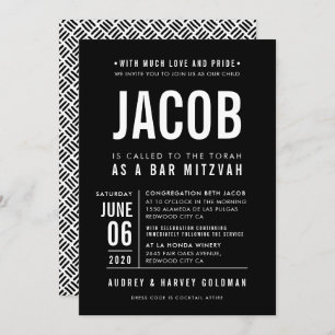 BAR MITZVAH modern bold block type black white Invitation