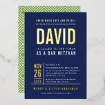 BAR MITZVAH modern bold block type navy green gold<br><div class="desc">by kat massard >>> WWW.SIMPLYSWEETPAPERIE.COM <<< - - - - - - - - - - - - With real shiny gold foil elements! CONTACT ME to help with balancing your type perfectly Love the design, but would like to see some changes - another colour scheme, product, add a photo...</div>