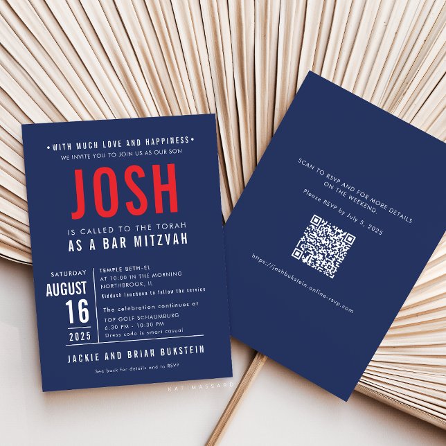 BAR MITZVAH modern bold block type navy red JOSH Invitation (Creator Uploaded)