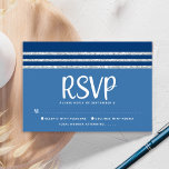 Bar Mitzvah Modern Bold Blue Silver Tallit Script  RSVP Card<br><div class="desc">Be proud, rejoice and celebrate this milestone of your favourite Bar Mitzvah with this cool, unique, modern, personalised RSVP insert card for your event! Bold, white script typography, Star of David and a navy blue and silver glitter striped tallit inspired graphic overlay a simple, cornflower blue background. Personalise the custom...</div>