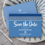 Bar Mitzvah Modern Bold Blue Silver Tallit Script Save The Date<br><div class="desc">Make sure all your friends and relatives will be able to celebrate your son’s milestone Bar Mitzvah! Send out this cool, unique, modern, personalised “Save the Date” announcement card. Bold, white script typography, Star of David and a navy blue and silver glitter striped tallit inspired graphic overlay a simple, cornflower...</div>