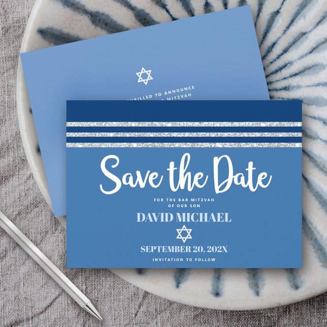 Bar Mitzvah Modern Bold Blue Silver Tallit Script Save The Date (Creator Uploaded)
