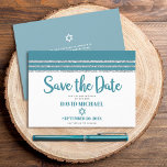 Bar Mitzvah Modern Bold Teal Silver Tallit Script  Save The Date<br><div class="desc">Make sure all your friends and relatives will be able to celebrate your son’s milestone Bar Mitzvah! Send out this cool, unique, modern, personalised “Save the Date” announcement card. Bold, dusty teal blue green script typography, Star of David and a dusty teal blue green and silver glitter striped tallit inspired...</div>