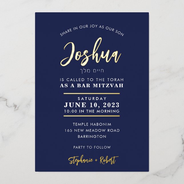 BAR MITZVAH modern classy calligraphy navy gold (Front)