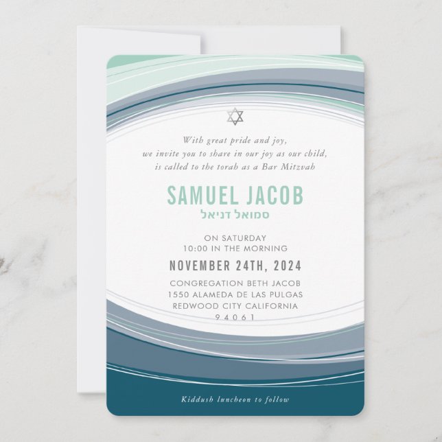BAR MITZVAH modern curve design mint blue grey Invitation (Front)