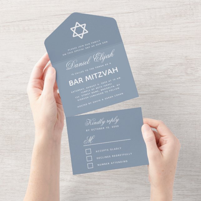 Bar Mitzvah Modern Dusty Blue Simple White Script  All In One Invitation (Tearaway)