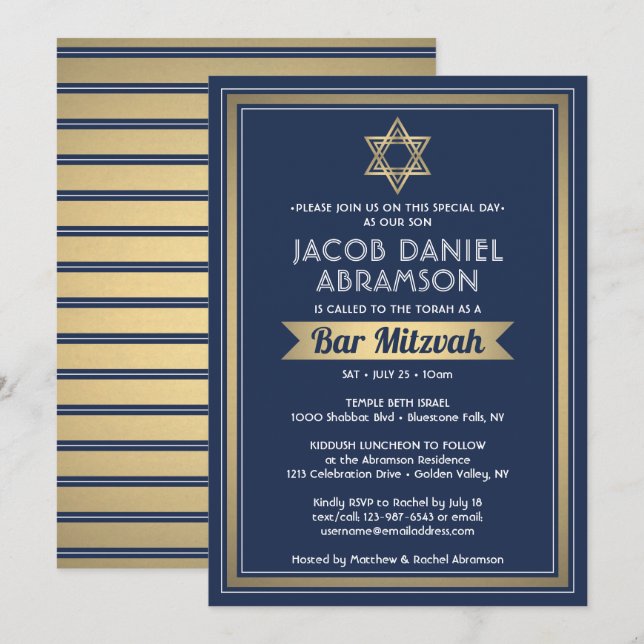 Bar Mitzvah Modern Elegant Navy Blue White & Gold Invitation (Front/Back)