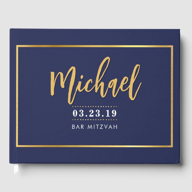 BAR MITZVAH modern faux gold name calligraphy navy Guest Book (Front)