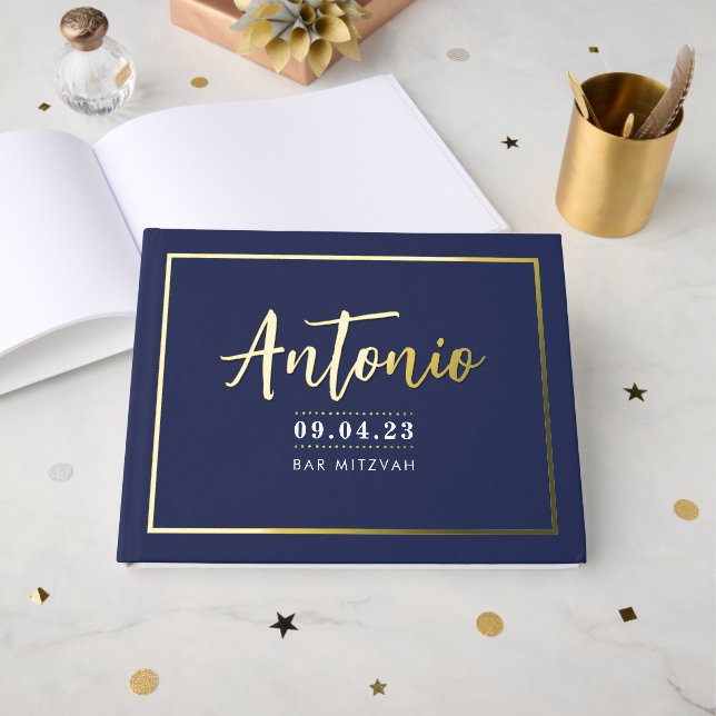BAR MITZVAH modern faux gold name calligraphy navy Guest Book (Front Open)