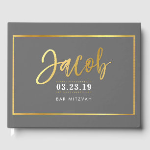 BAR MITZVAH  modern faux gold on grey for JACOB Guest Book