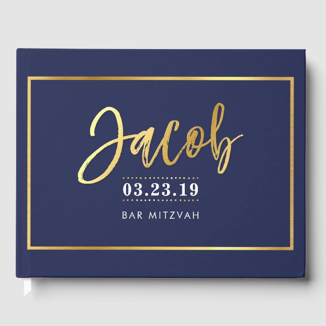 BAR MITZVAH  modern faux gold on navy for JACOB Guest Book (Front)