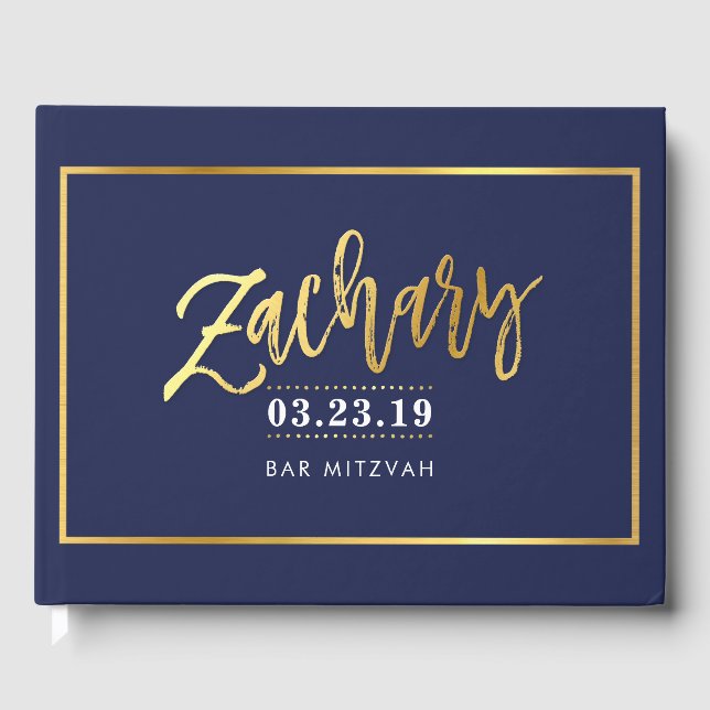 BAR MITZVAH  modern faux gold on navy for ZACHARY Guest Book (Front)