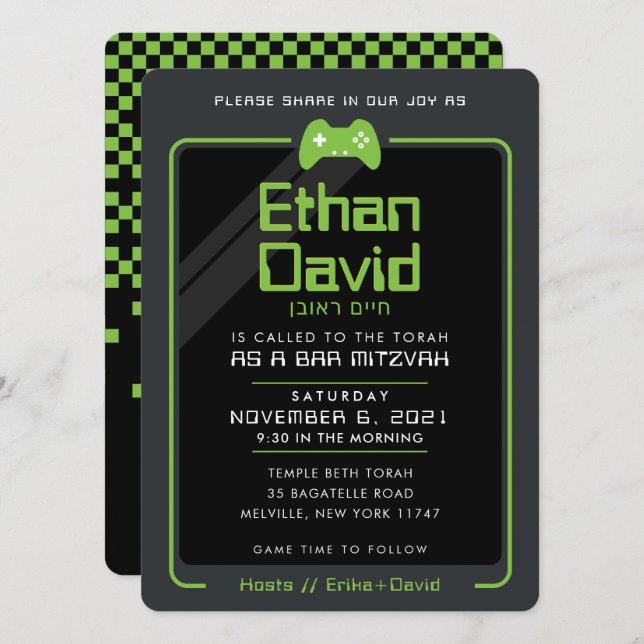BAR MITZVAH modern gamer control black green 2 Invitation (Front/Back)
