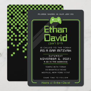 BAR MITZVAH modern gamer control black green 2 Invitation