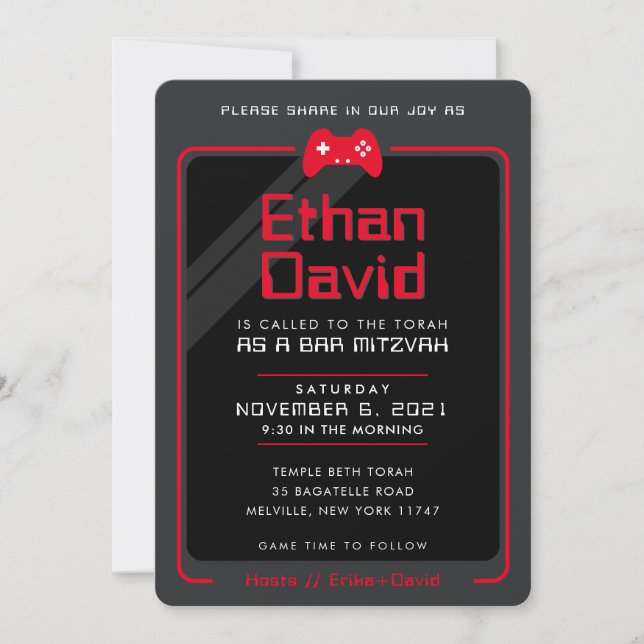 BAR MITZVAH modern gaming controls cool red black Invitation (Front)