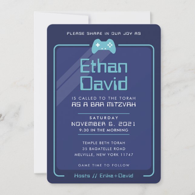 BAR MITZVAH modern gaming controls navy aqua blue Invitation (Front)