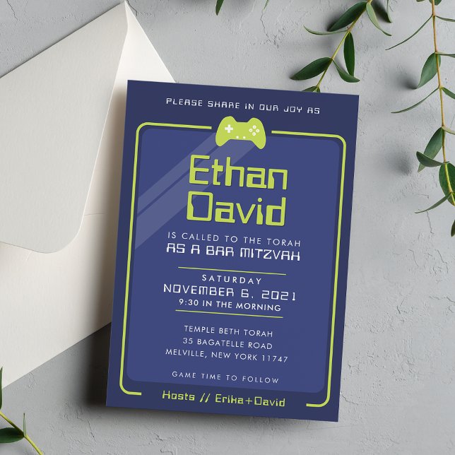 BAR MITZVAH modern gaming controls navy lime green Invitation (Creator Uploaded)