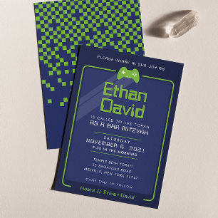 BAR MITZVAH modern gaming controls navy neon green Invitation