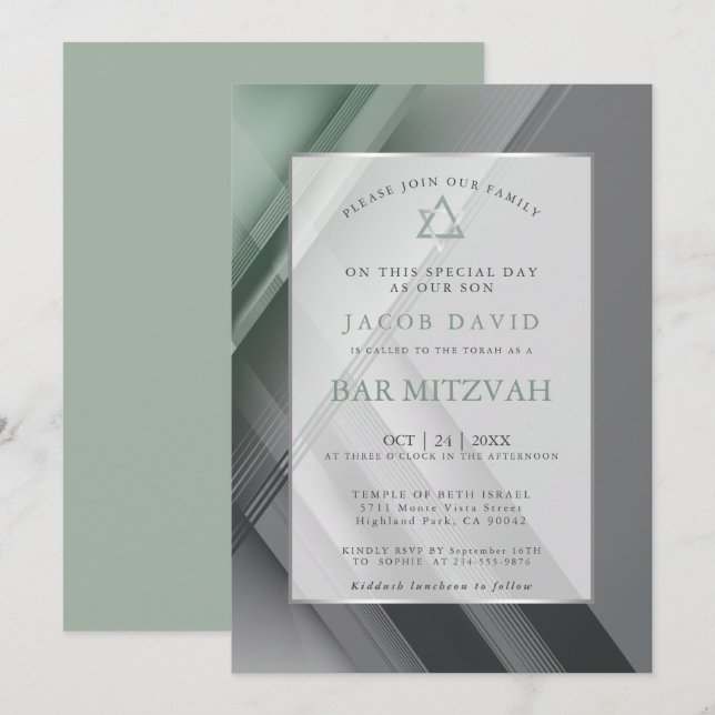 Bar Mitzvah Modern Geometric Green Charcoal Invitation (Front/Back)
