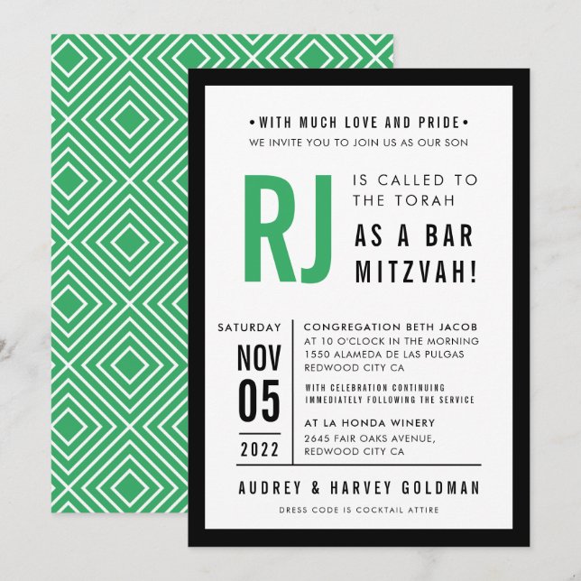 BAR MITZVAH modern geometric kelly green black Invitation (Front/Back)