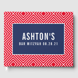 BAR MITZVAH modern geometric pattern navy red Guest Book