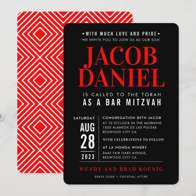BAR MITZVAH modern geometric stack black red Invit Invitation (Front/Back)