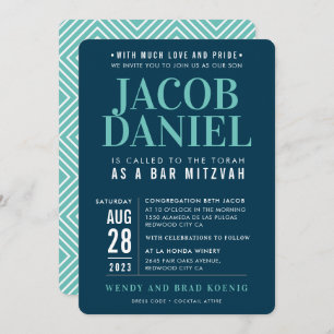 BAR MITZVAH modern geometric stack navy blue mint Invitation