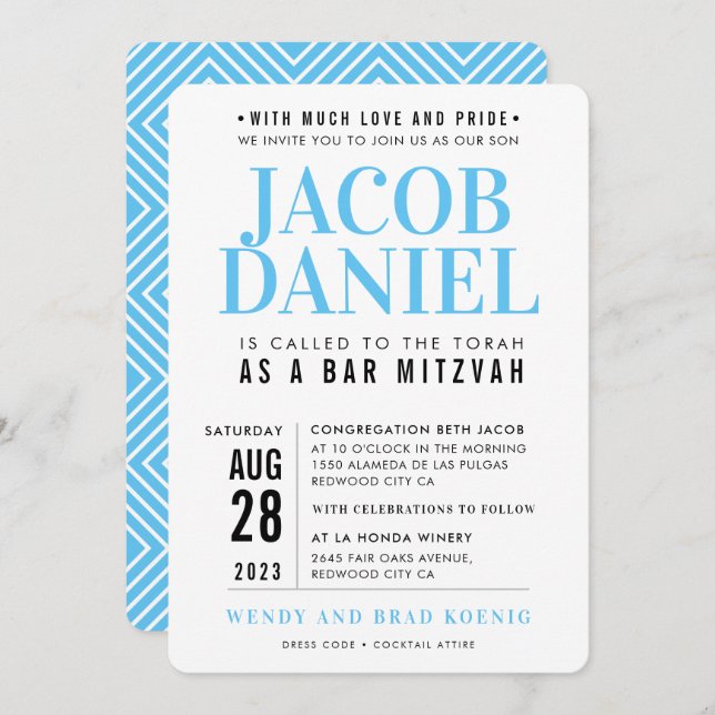 BAR MITZVAH modern geometric stack sporty blue Invitation (Front/Back)