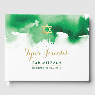BAR MITZVAH modern gold star cool green watercolor Guest Book