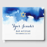 BAR MITZVAH modern gold star smart blue watercolor Guest Book<br><div class="desc">by kat massard >>> WWW.SIMPLYSWEETPAPERIE.COM <<<</div>