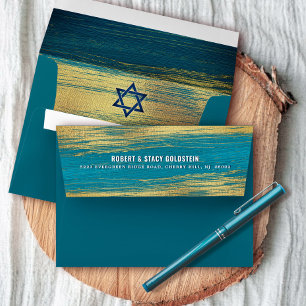 Bar Mitzvah Modern Gold Turquoise Return Address Envelope