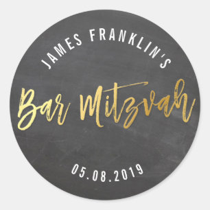 BAR MITZVAH modern grey chalkboard gold writing Classic Round Sticker