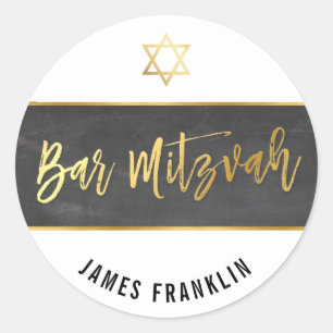 BAR MITZVAH modern grey chalkboard gold writing Classic Round Sticker