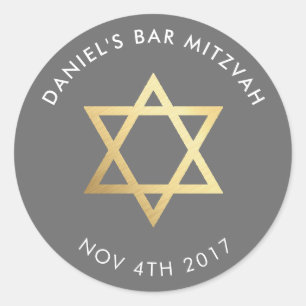 Bar Mitzvah modern grey + gold star of david Classic Round Sticker