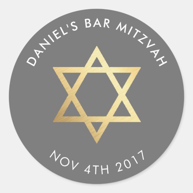 Bar Mitzvah modern grey + gold star of david Classic Round Sticker (Front)