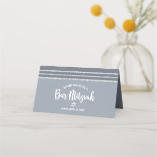 Bar Mitzvah Modern Grey Silver Tallit Bold Script Place Card