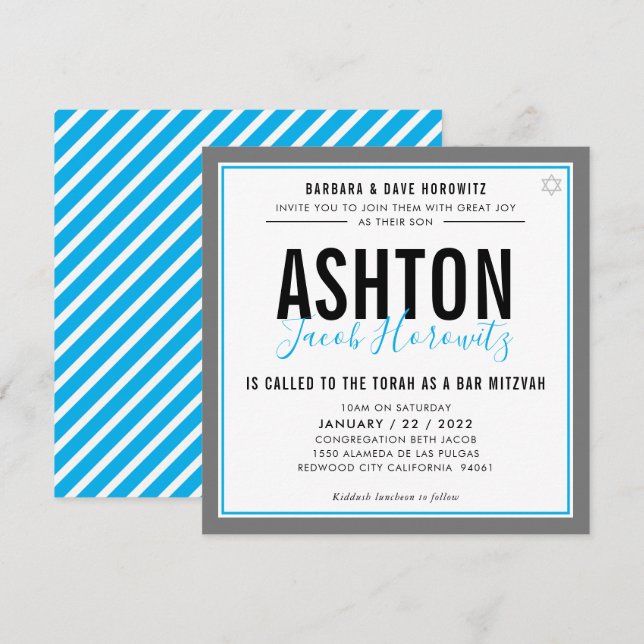 BAR MITZVAH modern masculine aqua grey sport Invitation (Front/Back)