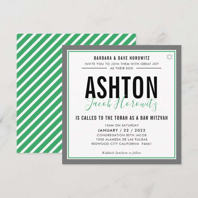 BAR MITZVAH modern masculine green grey sport Invitation (Front/Back)