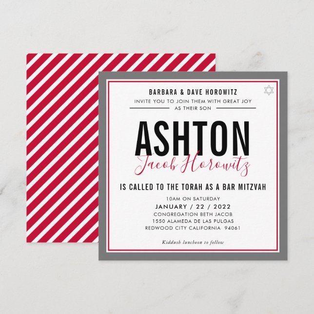 BAR MITZVAH modern masculine red black sport Invit Invitation (Front/Back)