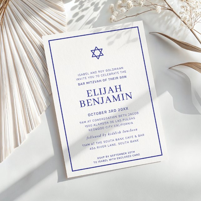 BAR MITZVAH modern minimal star border royal blue Invitation (Creator Uploaded)