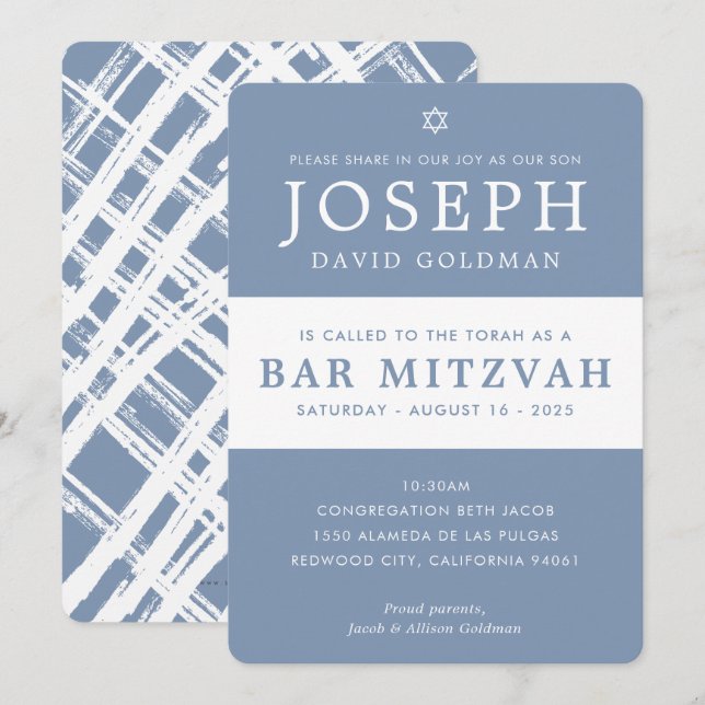 BAR MITZVAH modern minimal stylish  blue white Invitation (Front/Back)
