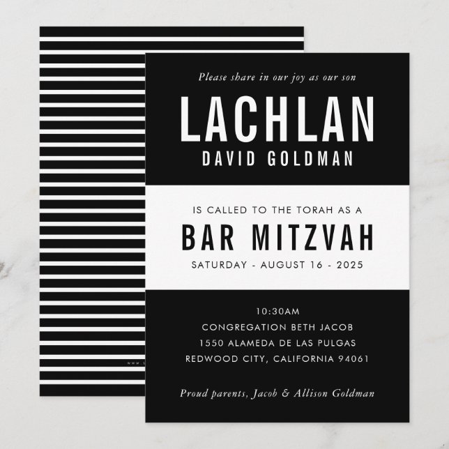 BAR MITZVAH modern minimal typography black white Invitation (Front/Back)