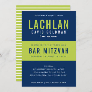 BAR MITZVAH modern minimal typography blue lime In Invitation