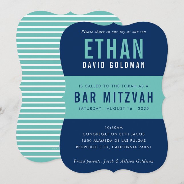 BAR MITZVAH modern minimal typography blue mint Invitation (Front/Back)